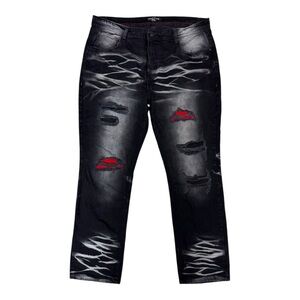 Arketype Mens Distressed Jeans 42x32 Black Red Patch Straight Leg‎ 100% Cotton